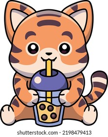 Cute tiger drinking bubble tea - animal cartoon character - vector illustration