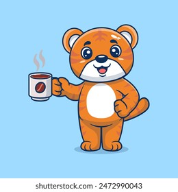 Tigre lindo bebiendo café ilustración de icono de dibujos animados. Concepto de icono de bebida animal aislado estilo de dibujos animados planos