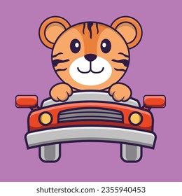 Cute tiger is driving. Animal cartoon concept isolated. Can used for t-shirt, greeting card, invitation card or mascot