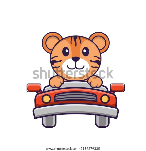 Cute\
tiger is driving. Animal cartoon concept isolated. Can used for\
t-shirt, greeting card, invitation card or\
mascot.