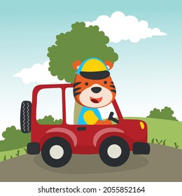 Cute tiger driving a car go to forest funny animal cartoon. Creative vector childish background for fabric, textile, nursery wallpaper, poster, card, brochure. and other decoration.