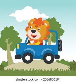 cute tiger driving a car go to forest funny animal cartoon. Creative vector childish background for fabric, textile, nursery wallpaper, poster, card, brochure. and other decoration.