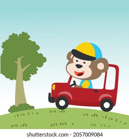 cute tiger driving a car go to forest funny animal cartoon. Creative vector childish background for fabric, textile, nursery wallpaper, poster, card, brochure. and other decoration.