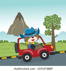 Cute tiger driving a car go to forest funny animal cartoon. Creative vector childish background for fabric, textile, nursery wallpaper, poster, card, brochure. and other decoration.