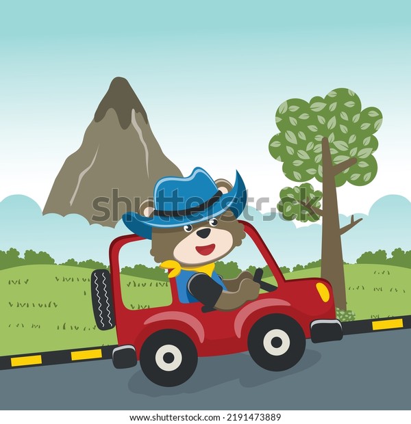 Cute tiger\
driving a car go to forest funny animal cartoon. Creative vector\
childish background for fabric, textile, nursery wallpaper, poster,\
card, brochure. and other\
decoration.