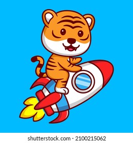 Cute Tiger is Driving the Flying Rocket in Cartoon. Premium Vector Illustration. Flat Style Concept.