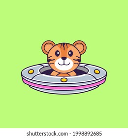 Cute tiger Driving Spaceship Ufo. Animal cartoon concept isolated. Can used for t-shirt, greeting card, invitation card or mascot.