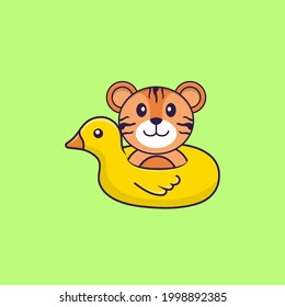 Cute tiger With Duck buoy. Animal cartoon concept isolated. Can used for t-shirt, greeting card, invitation card or mascot.