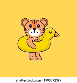 Cute tiger With Duck buoy. Animal cartoon concept isolated. Can used for t-shirt, greeting card, invitation card or mascot.