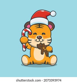 Cute tiger eating christmas cookies and candy. Cute christmas cartoon illustrations.
