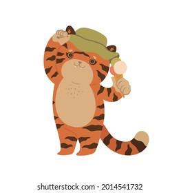 Cute tiger eating ice cream isolated on white background. Vector graphics.