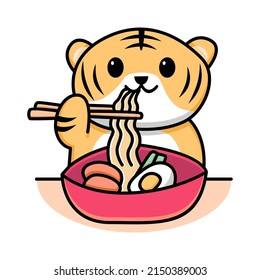 Cute tiger eating noodle cartoon design