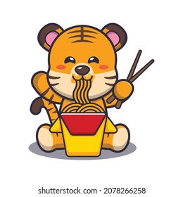 Cute tiger eating noodle.Cute animal cartoon illustration.