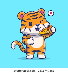 Cute Tiger Eating Pizza Cartoon Vector Icon Illustration. Animal Food Icon Concept Isolated Premium Vector. Flat Cartoon Style