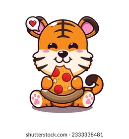 cute tiger eating pizza cartoon vector illustration.