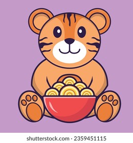 Cute tiger eating ramen noodles. Animal cartoon concept isolated. Can used for t-shirt, greeting card, invitation card or mascot