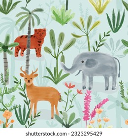 Cute tiger elephant and deer in the forest seamless pattern