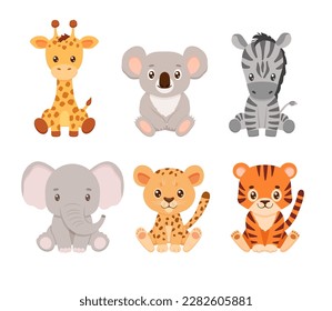 Cute tiger, elephant, giraffe, koala and cheetah,collection in cartoon style. Drawing african animals isolated on white background.