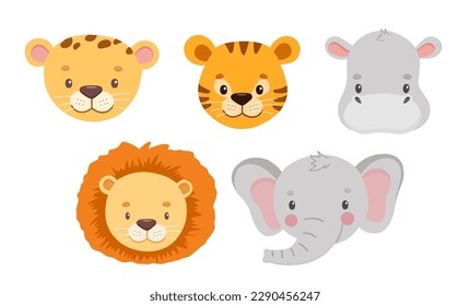 Cute tiger, elephant, hippo and cheetah portraits, collection in cartoon style. Drawing african animals isolated on white background.