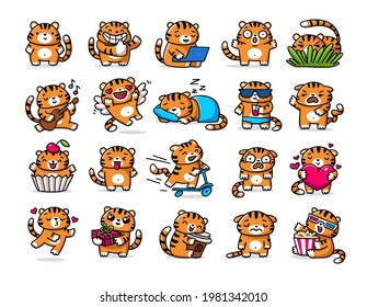 Cute tiger emoji set. Flat icons in cartoon style.