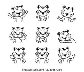 Cute Tiger Emoticons, Different Postures, Monochrome Set 
