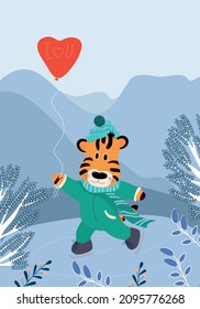 Cute Tiger Enjoy Ice Skating With Heart Shaped Balloon. Greeting Card, Poster, Banner, Flyer. Vector Illustration