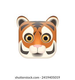 Cute tiger face, animal head in square shape, comic portrait of wild predator vector illustration