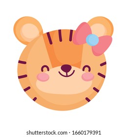 cute tiger face with bow animal cartoon character vector illustration