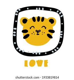 Cute tiger face with the caption hello baby. Vector illustration in the Scandinavian style