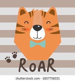 Cute tiger face for cards, nursery, gifts, childrens clothes, avatars, etc. Adorable animal cartoon flat vector illustration. Kids book design elements.
