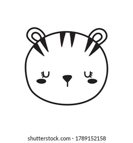 Diseño de iconos con estilo de línea de dibujos animados Cute tiger face, naturaleza de vida de zoo animal y tema del personaje Ilustración vectorial