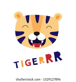 Cute tiger face, cartoon vector illustration for kids. Print for t-shirt, poster, postcard.
