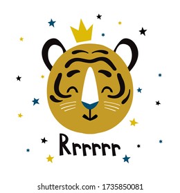 Cute tiger face. Cartoon vector illustration