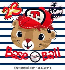 Cute tiger face cartoon wearing baseball cap on striped background illustration vector.