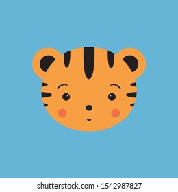 Cute tiger face head icon. 
Funny tropical animal. Blue background. Cartoon vector illustration