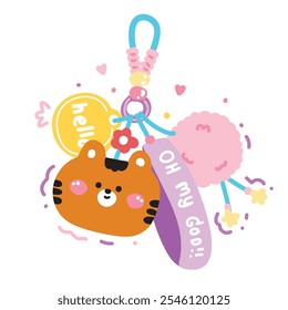 Cute tiger face head keychain bag with bead and furry ball.Hello text.Star,flower,heart.Wild animal cartoon.Image for card,sticker,decoration item.Kawaii.Vector.Illustration.