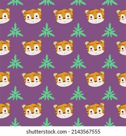 cute tiger face and leaves repeat pattern for a backdrop design. vector 