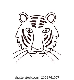 Cara de tigre estirado, ilustración de caricatura dibujada a mano con retrato, boceto. Arte de línea, diseño de estilo de dibujo, vector aislado. Animales tropicales, vida silvestre de la jungla, gatos grandes, safari, naturaleza, elemento impreso