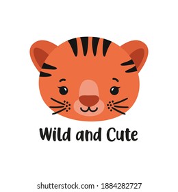 Cute Tiger Face Print. Kids Vector Illustration. Baby Clothes Print. Isolated On White Background. Tiger Cub Head Anime Kawaii Style. Sweet Character Icon. Wild And Cute Lettering.