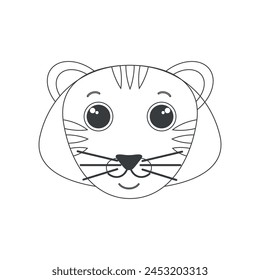 Cute tiger face, simple contour animals head, wild carnivore cat vector illustration