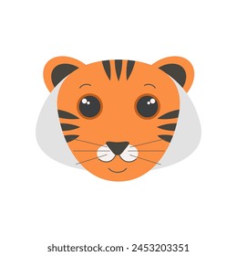 Cute tiger face with stripes, portrait of wild predator character vector illustration