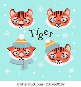 Cara de tigre. Tigre en invierno al estilo de dibujos animados. Ilustración vectorial.