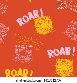 Cute tiger face with wording ROAR ! colorul background seamless pattern vector EPS10,Design for fashion , fabric, textile, wallpaper, cover, web , wrapping and all prints on orange background