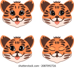 Cute tiger faces in colorful cartoon style. Vector set of characters ready for animation. 