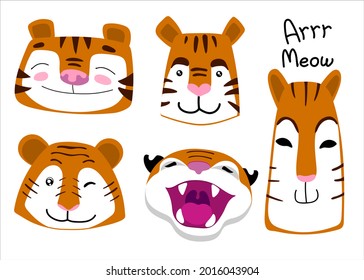 Cute tiger faces isolate vector illustration. Baby element drawn . Print for wallpaper, textiles, fabric