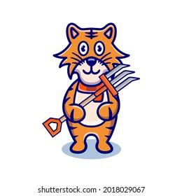 cute tiger farmer cartoon animal holding a farmer's fork