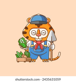 Cute Tiger farmers harvest fruit and vegetables cartoon animal character mascot icon flat style illustration concept