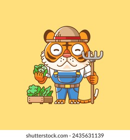 Cute Tiger farmers harvest fruit and vegetables cartoon animal character mascot icon flat style illustration concept