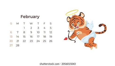 Cute tiger February 2022 calendar horizontal template. Adorable funny tiger cupid isolated on white background. Wall poster, calendar page and kawaii cartoon character. Month planner design