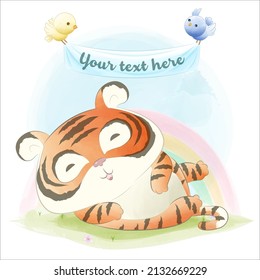 Cute tiger in the field against the background of a rainbow